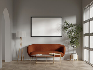 Modern Minimalist Living Room Interior 3D Render with Orange Sofa, Blank Frame, and Natural Light
