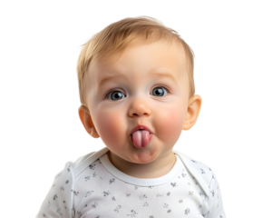 Baby Making Funny Faces and Sticking Out His Tongue, Playful and Adorable, Isolated on a Transparent PNG Background   
