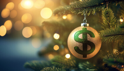 Dollar sign on a golden Christmas ball hanging from a fir tree against blurry lights,business,finance and economy concept.	