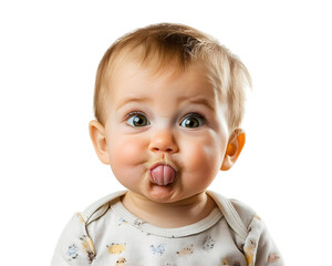 Baby Making Funny Faces and Sticking Out His Tongue, Playful and Adorable, Isolated on a Transparent PNG Background   