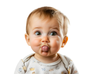 Baby Making Funny Faces and Sticking Out His Tongue, Playful and Adorable, Isolated on a Transparent PNG Background   
