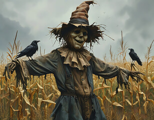 Fototapeta premium Scarecrow Standing Tall in a Cornfield With Crows Perched Nearby at Dusk. Generative AI