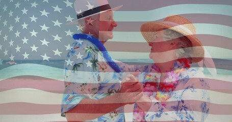 Dancing elderly couple on beach over American flag animation