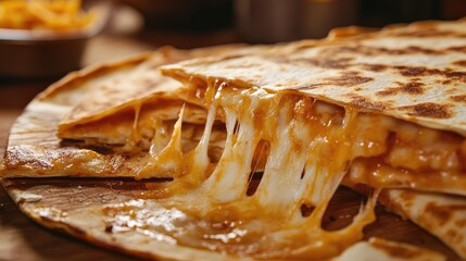 Delicious, cheesy quesadilla with melted cheese stretching as it sliced, showcasing the golden, crispy exterior.