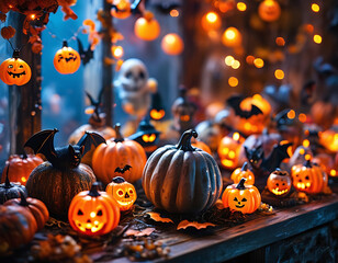 Festive Halloween Decorations Featuring Glowing Pumpkins and Spooky Figures at Night. Generative AI