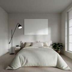 Modern Minimalist Bedroom Interior 3D Render with Cozy Bed, Floor Lamp, and Large Window