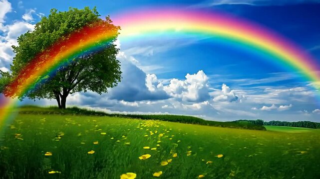 A rainbow is seen in the sky above a field of grass. The rainbow is very large and spans the entire sky. The sky is clear and blue, with no clouds in sight