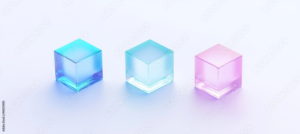 Poster holographic abstract cube with crystal blocks with holographic purple color texture. 3d modern illus