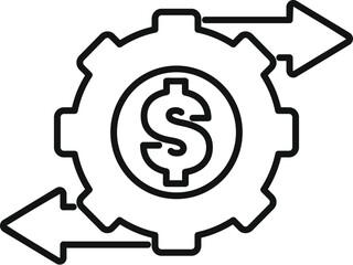 Linear icon representing a money making machine concept with a gear and arrows