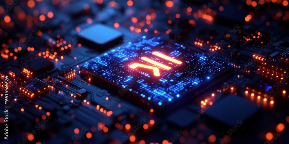 Poster ai processor chip: glowing symbol on circuit board