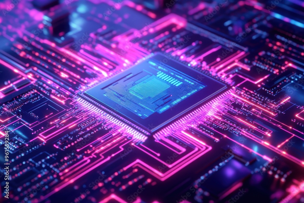 Poster a detailed, futuristic image of a glowing microchip placed on a circuit board