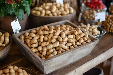 Peanut in bowl with wooden background.