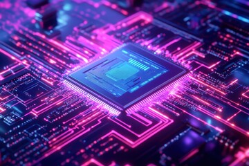 Obraz premium A detailed, futuristic image of a glowing microchip placed on a circuit board