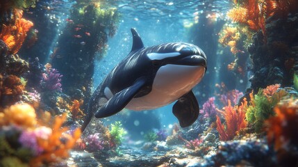 Orca swimming through colorful coral reef