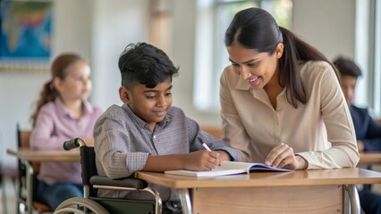 An Indian teacher working in an inclusive classroom setting, teaching students of diverse abilities together. - Powered by Adobe