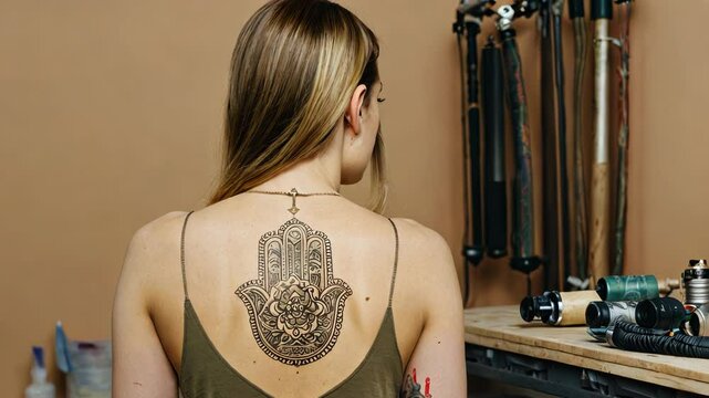 Woman with Intricate Hamsa Tattoo on Back in Tattoo Studio