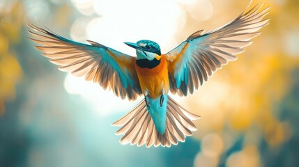 Obraz premium Detailed shot of a bird soaring gracefully close to the camera, with its wings spread wide and vibrant plumage clearly visible against a bright background.