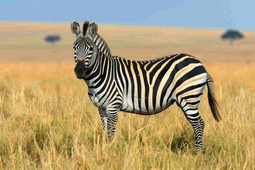 Naklejka premium Zebra in african savanna landscape under vast blue sky AI