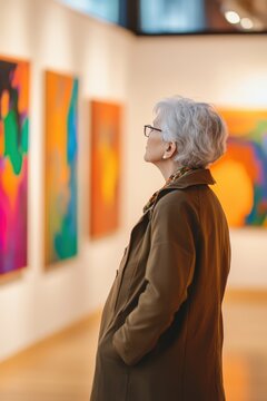 Photograph of an elderly woman admiring contemporary art in a museum