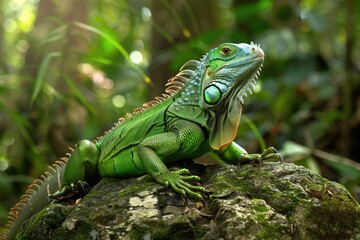 Majestic green iguana sunbathing on a mossy rock in lush tropical forest AI