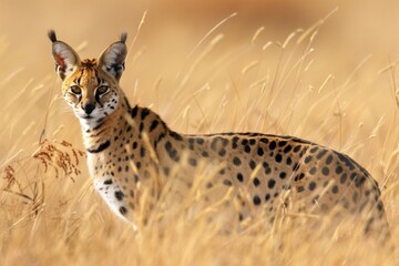 Naklejka premium Serene serval cat in golden savannah landscape AI