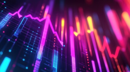 Digital 3D bar graph in vibrant neon colors, with arrows indicating upward trends. Perfect for tech, business, and financial presentations