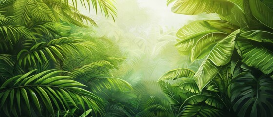 abundant green foliage in foreground, sunbeam backdrop