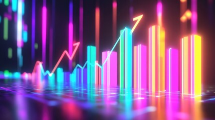 Digital 3D bar graph in vibrant neon colors, with arrows indicating upward trends. Perfect for tech, business, and financial presentations