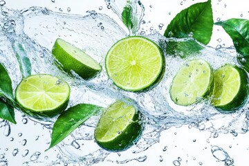 A detailed scene featuring vibrant green lime slices mid-splash in crystal-clear water