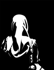 stencil, threshold, black and white, silhouette of a hijab woman carrying a backpack about to leave