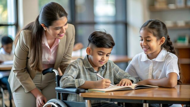 An Indian teacher working in an inclusive classroom setting, teaching students of diverse abilities together.