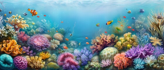 Naklejka premium corals, fish, and various seaweed with sponges