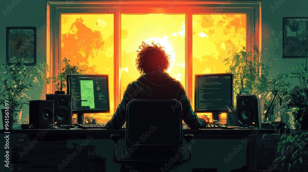 Poster a programmer working by the window