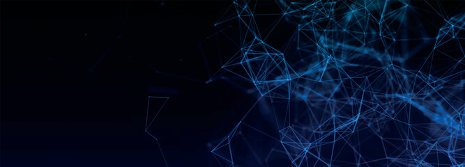 Abstract background with connecting dots and lines. Futuristic background made of triangles. Network connection structure. Plexus effect. Widescreen technology or science banner. 3d Vector 