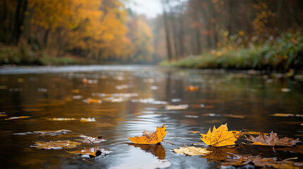 Fototapeta premium A serene autumn scene featuring golden leaves floating on a still forest stream.