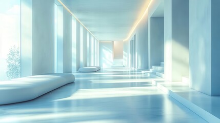 minimalist 3d white interior clean lines and subtle shadows creating depth soft ambient light emphasizing geometric forms modern architectural space with zenlike tranquility