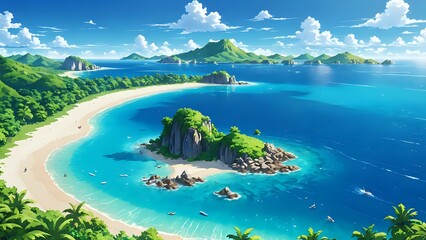 A small island is surrounded by crystal-clear blue waters, with fine white sand shimmering under the sunlight, resembling a natural paradise isolated from the outside world, anime art