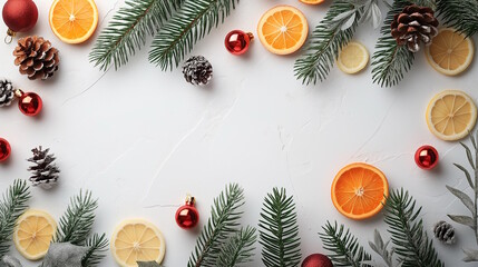 Flat lay of evergreen branches, pinecones, dried citrus slices, and red ornaments on a white background evokes the natural and festive spirit of Christmas. Concept: Christmas, natural beauty, holiday 