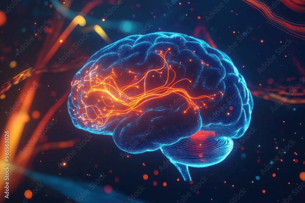 Poster a digital representation of a human brain with glowing neural waves emanating
