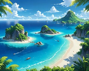 Fototapeta premium A small island is surrounded by crystal-clear blue waters, with fine white sand shimmering under the sunlight, resembling a natural paradise isolated from the outside world, anime art