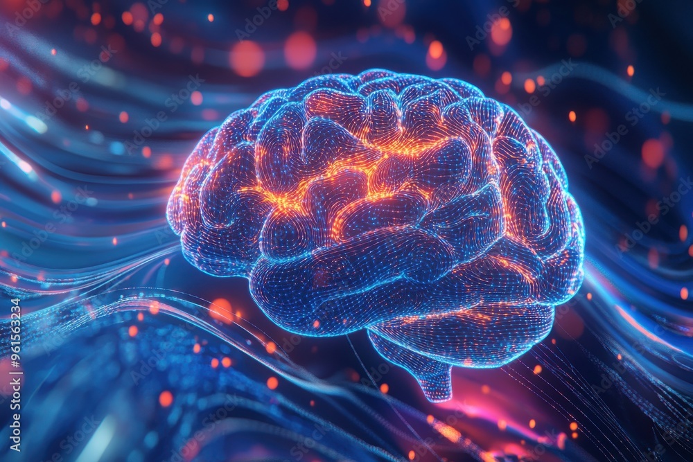 Poster a digital representation of a human brain with glowing neural waves emanating