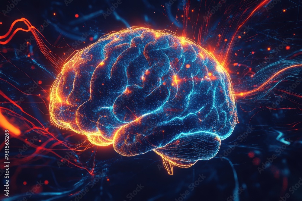 Poster a digital representation of a human brain with glowing neural waves emanating