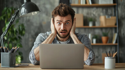 Generative ai illustration of  a ashamed guy slaps face in front of his laptop