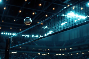 A dramatic action shot of a volleyball mid-air as it crosses over the net in a professional