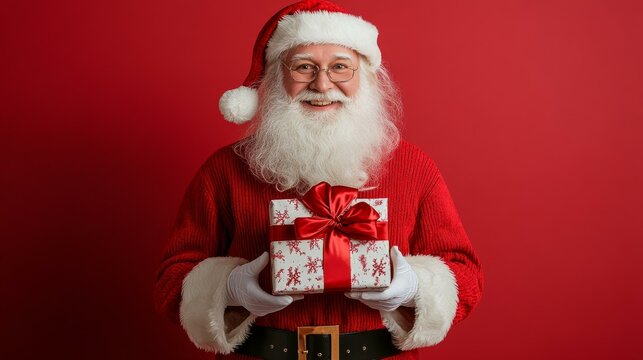 Smiling Santa Claus Holding a Christmas Gift
