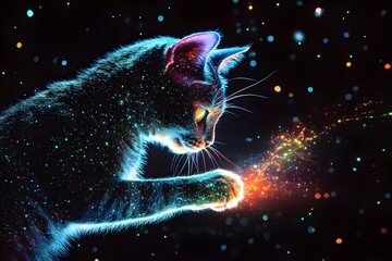 A cat is shown in a colorful, starry background with a glowing light in its paw