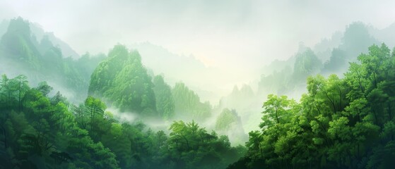  A painting of a forest shrouded in fog Trees dot the foreground, while thebackground is obscured by misty sky