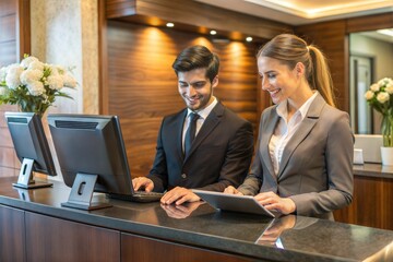 Professional hotel reception desk with smiling staff in business attire