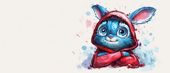Obraz premium A blue bunny in a red hoodie holds a red mitt against its chest