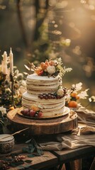 Sunlit Scandinavian Boho Wedding Cake in a Rustic Natural Setting